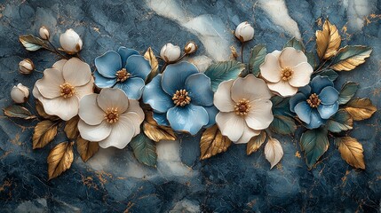 A decorative floral arrangement featuring blue and white flowers with golden leaves on a textured background.