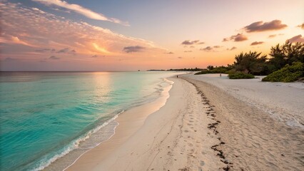 Clear turquoise sea on a warm sandy beach at sunrise, reflection, calm, sand, morning, shine