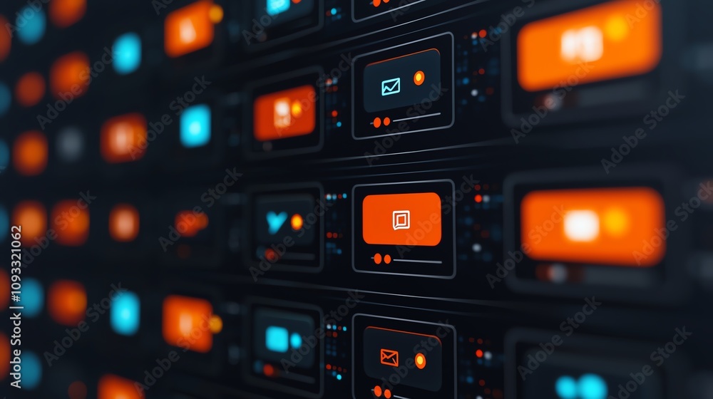 Poster close-up view of vibrant digital icons on a screen, showcasing modern technology and communication t