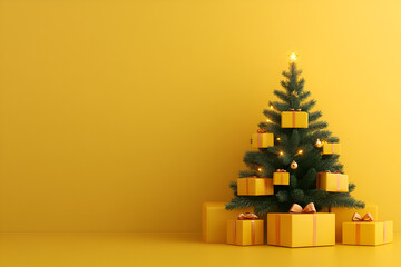 Christmas tree with yellow presents festive home decor indoor setting bright environment cheerful viewpoint holiday spirit