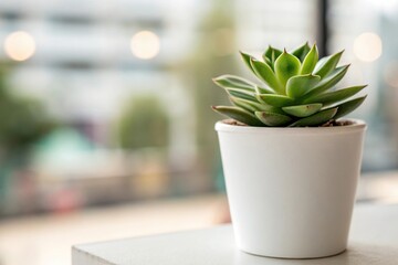 Close-up of a small indoor succulent plant in a white pot with a blurred background, succulent, indoor, blurred, pot