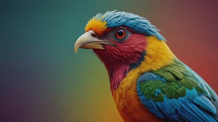 Vibrant colorful bird portrait against blurred background.