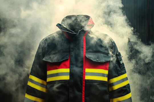 A detailed fire resistant coat with yellow and red accents through smoky environment.