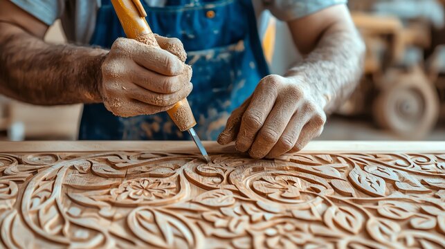 Craftsman skillfully carving intricate patterns into wooden material, showcasing artistry and dedication in woodworking.