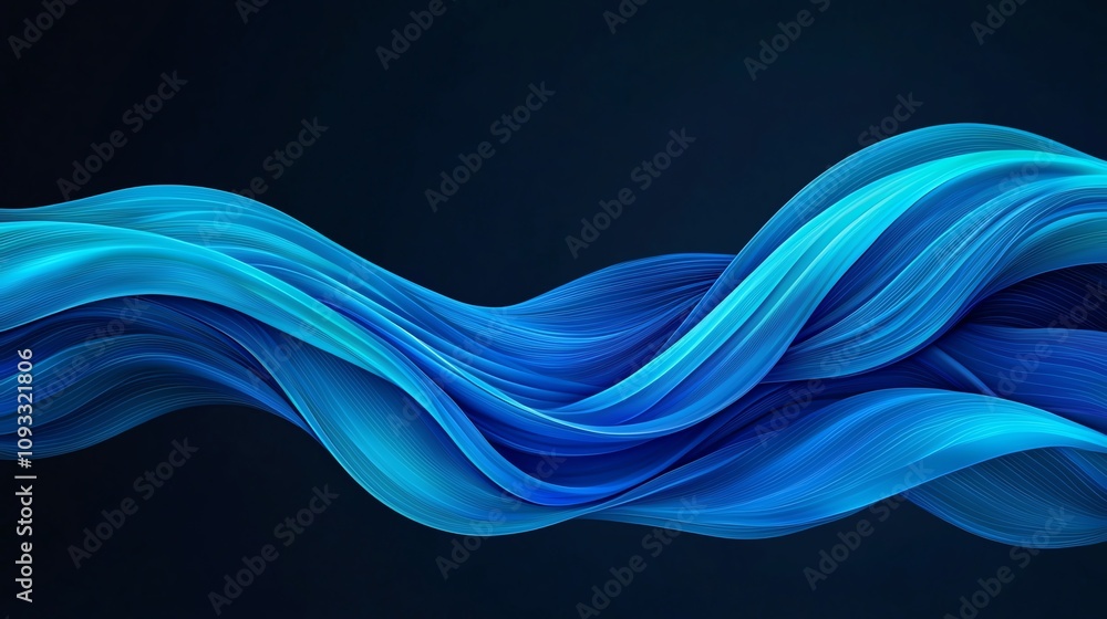 Poster dynamic blue wave design creating a sense of motion and fluidity against a dark backdrop, ideal for 