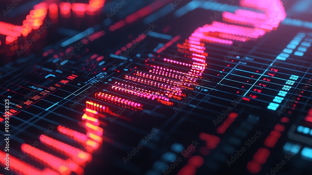 Poster dynamic visual of digital data representation with red and blue neon curves, showcasing modern techn