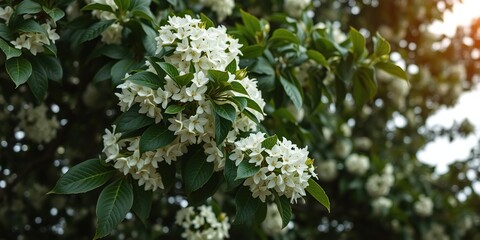 Close-up of white flowers and dark green leaves on a branch of a large tree, foliage, delicate