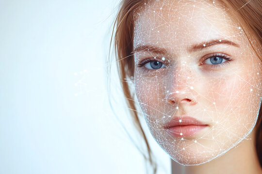 Close-up of a young woman’s face with a digital facial recognition grid overlay, highlighting advanced biometric technology, artificial intelligence, and modern identity verification