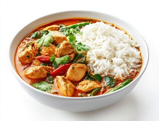 Delicious bowl of chicken curry served with fluffy white rice, vibrant herbs, and colorful vegetables, showcasing a blend of flavors in an inviting dish