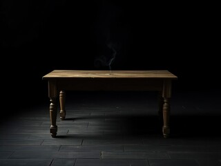 Fototapeta premium An old wooden table sits on a dark floor with a soft puff of smoke rising from its surface casting a warm glow over the surrounding darkness, cozy ambiance, antique, dark background