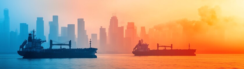 Naklejka premium Silhouettes of cargo ships navigating through calm waters amidst a vibrant skyline at sunset, showcasing urban transport.