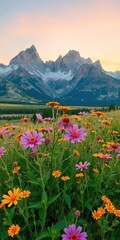 Vibrant wildflowers in front of majestic Grand Tetons at sunset, landscape, Wyoming