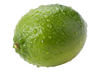 Whole lime fruit with water droplets on a transparent background
