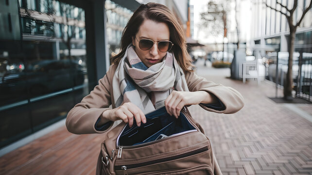 A woman stands on a busy city street, anxiously searching through her bag