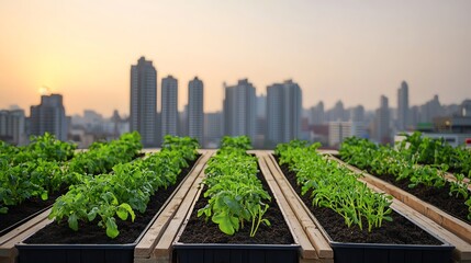 Fototapeta premium Urban rooftop garden flourishing with vegetables against a city skyline at sunset, showcasing the harmony between nature and city life.
