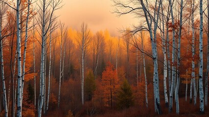Autumnal forest scene with scattered birch trees and a hint of mist against a gradient of burnt oranges and yellows, soft focus, autumn, birch tree