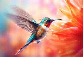 Naklejka premium Hummingbird bird flying over bright tropical flowers. Beautiful little bird hovering in the air.