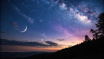 Naklejka premium Dark celestial backdrop with twinkling stars and a crescent moon, set against a gradient of deep blues and purples, cosmos, space