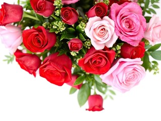 Naklejka premium bouquet of red roses and pink flowers with greenery, greenery, roses