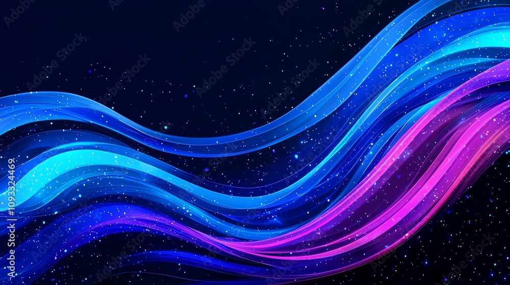 Poster vibrant waves of blue and pink flow across a dark background, creating a dynamic and modern visual f