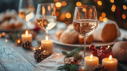 Elegant Holiday Dinner Table With Wine Glasses and Candlelight