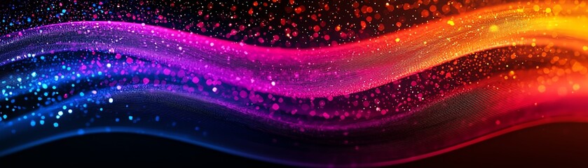 Vibrant, colorful waves of light create an abstract background filled with sparkle and energy, perfect for design projects.