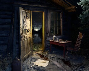 Rustic wooden cabin deep in a forest, with an open door showing signs of forced entry. Inside, the scene is dimly lit . Outside the window, moonlight reflects on a nearby lake,The scene feel tense.