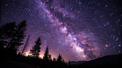 Fototapeta premium Deep mysterious purple background with stars and galaxies twinkling like diamonds against a black sky, background, mystery, stars