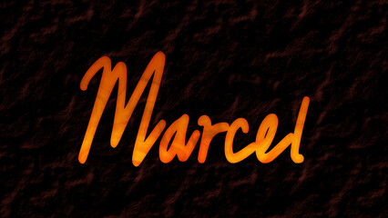 3D fire text effect of name Marcel on dark background.