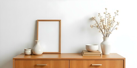 A wooden shelf or cabinet with various decorative items placed on it, including a framed picture, a vase with flowers, and some books or objects.