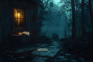 Rustic wooden cabin deep in a forest, with an open door showing signs of forced entry. Inside, the scene is dimly lit . Outside the window, moonlight reflects on a nearby lake,The scene feel tense.