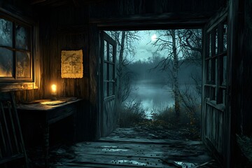Rustic wooden cabin deep in a forest, with an open door showing signs of forced entry. Inside, the scene is dimly lit . Outside the window, moonlight reflects on a nearby lake,The scene feel tense.