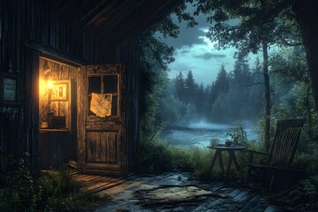 Fototapeta premium Rustic wooden cabin deep in a forest, with an open door showing signs of forced entry. Inside, the scene is dimly lit . Outside the window, moonlight reflects on a nearby lake,The scene feel tense.