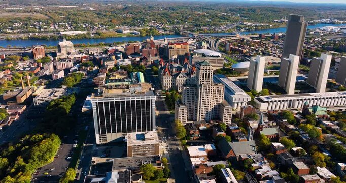 Aerial panorama of Albany, New York downtown. Government buildings in the city center. Sunny autumn day.