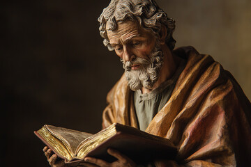 Contemplative saint paul figure in detailed biblical attire.