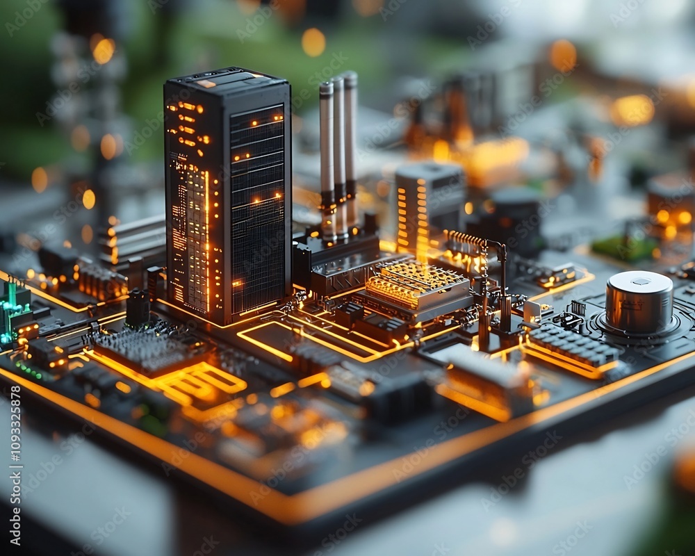Poster solar farm connected to a smart grid with glowing energy storage units optimizing power flow