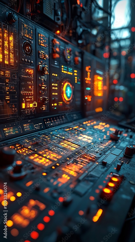 Poster smart grid control panel showcasing renewable energy optimization in futuristic setting