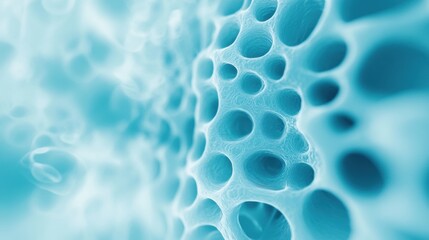 Abstract close-up of a porous surface in soft blue tones, AI