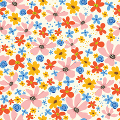 Vivid flowers seamless pattern, digital paper repeating background, meadow vibrant flowers. Fabric, wallpaper, wrapping paper, stationery seamless pattern.