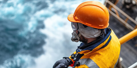 Portrait of worker on an offshore platform in protective gear.  Rough sea, waves crash against the structure