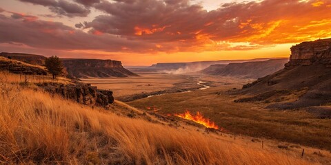 Fiery canyon at sunset with orange hues and burning grasslands, fiery canyons, orange hues, burning grasslands, rugged landscape