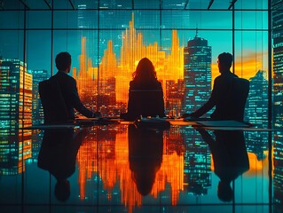 Corporate Board Members Reviewing Liability Audit with Digital Charts in Minimalist Office Space