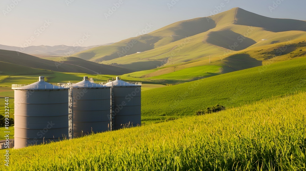 Poster advanced carbon capture and storage technology in harmony with nature - large storage units surround