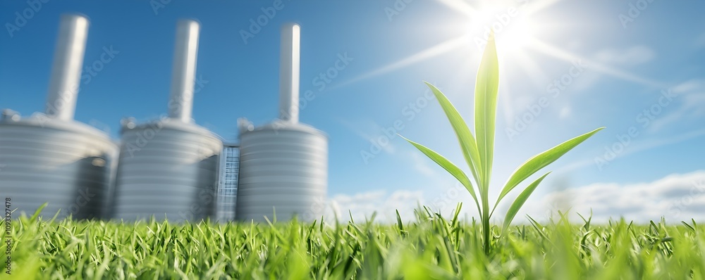 Poster advanced carbon capture technology in action - close-up of storage tanks amidst green fields and bri