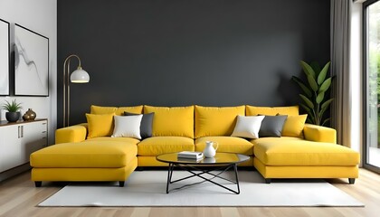 A modern living room with a large yellow sofa, gray and white accent pillows, a glass coffee table, and a dark gray wall with a hanging light fixture