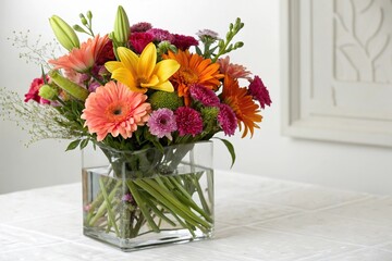 Fresh cut flowers in a modern glass container, glassware, minimalist
