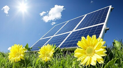 Clean Energy Solar Panel Sun Flowers Green Grass Sustainable Technology