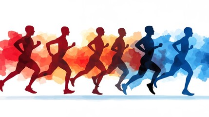 Dynamic illustration of runners in various stages of motion against a colorful backdrop, suitable for fitness, sports promotions, motivational content, and wellness articles,