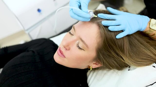 Video of a beautiful young woman undergoes a capillary Carboxitetapia treatment for oxygenation of the cells. Concept of capillary carboxytetheapia.