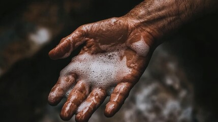 Naklejka premium A close-up of a soapy hand, showcasing bubbles and detailed textures, ideal for health, hygiene, or skincare themes in marketing campaigns, articles, or educational materials,